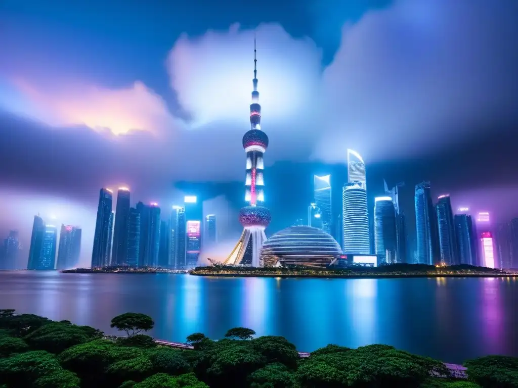 Horizonte futurista en Asia: rascacielos innovadores iluminados con LED Vibrante horizonte asiático con rascacielos futuristas y luces LED, ideal para las mejores condiciones financiamiento inmobiliario Asia