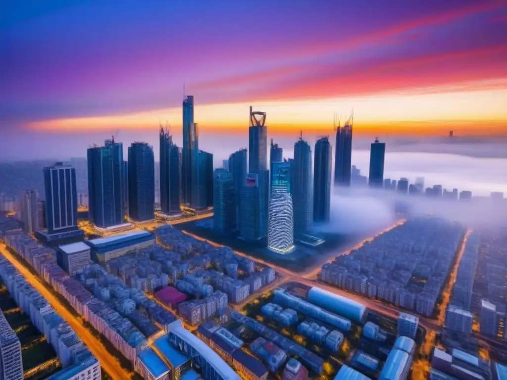 Metrópolis emergente: skyline vibrante y moderno Un vibrante horizonte de una bulliciosa metrópolis de mercados emergentes, con rascacielos imponentes y arquitectura futurista
