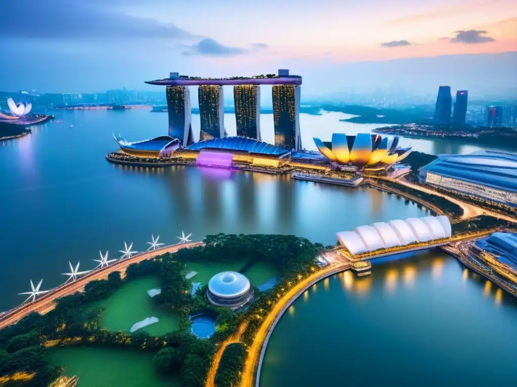 Espectacular skyline de Singapur al anochecer: luces vibrantes sobre Marina Bay Vibrante horizonte de Singapur al anochecer con Marina Bay Sands y luces de la ciudad reflejadas en el agua
