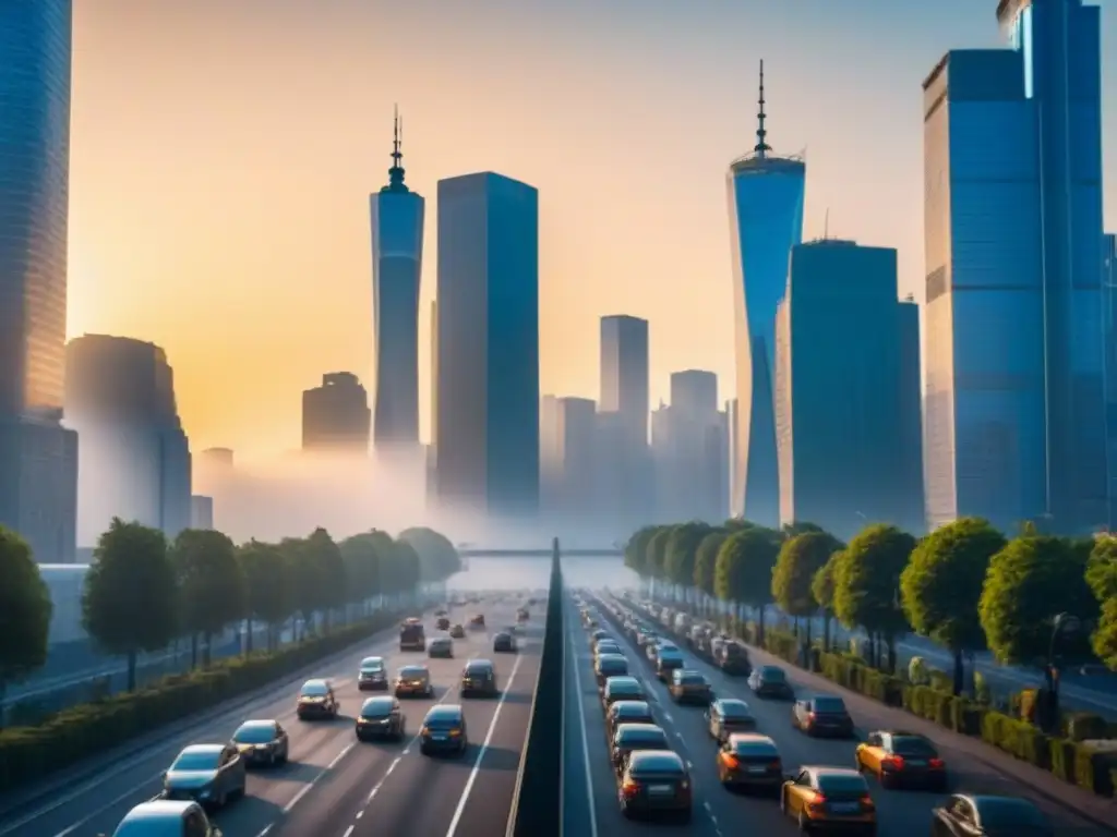 Horizonte urbano al atardecer: oportunidad de inversión inmobiliaria Un vibrante horizonte urbano al atardecer con rascacielos reflejando luz dorada y una calle llena de gente y coches