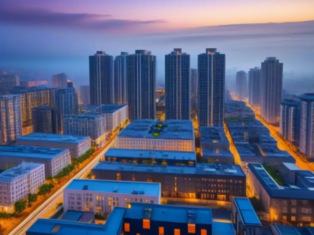Espectacular skyline urbano al anochecer en 8k ultra Vibrante horizonte urbano al atardecer con modernos edificios iluminados