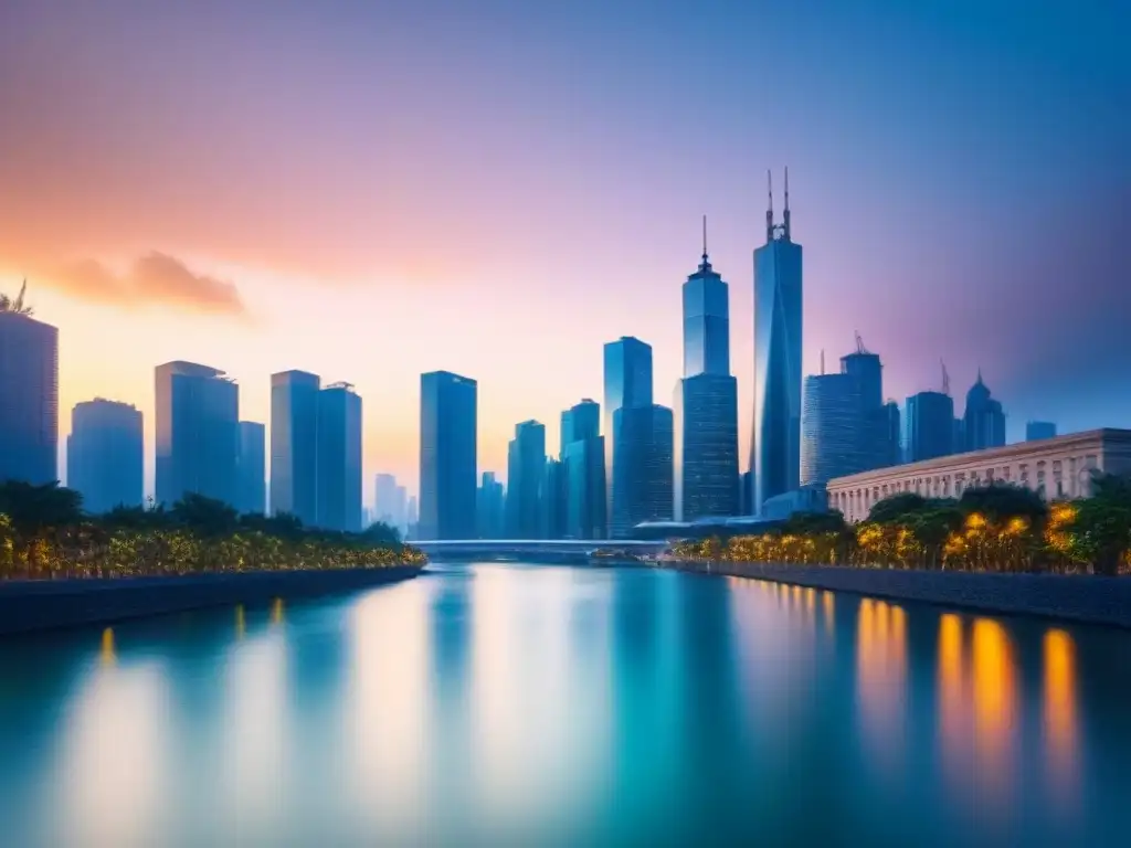 Skyline urbano al atardecer: oportunidades en propiedades de alquiler Vibrante horizonte urbano al atardecer, rascacielos iluminados reflejados en un río sereno, simbolizando oportunidades de inversión en alquileres para propietarios e inversores