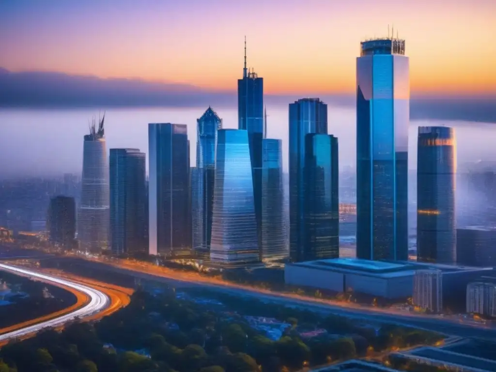 Un vibrante horizonte urbano al atardecer, reflejando rascacielos modernos y bulliciosas calles llenas de personas diversas