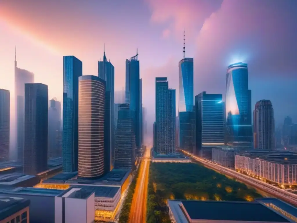Skyline urbano en crecimiento: profesionales en la ciudad Vibrante horizonte urbano al anochecer, reflejando la importancia de la estabilidad económica en el mercado inmobiliario