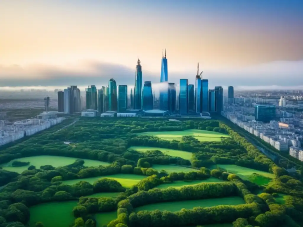 Horizonte urbano moderno en 8k: inversión inmobiliaria próspera Vibrante horizonte urbano moderno con rascacielos reflectantes, parques verdes y cielos azules, simbolizando prosperidad en inversiones inmobiliarias