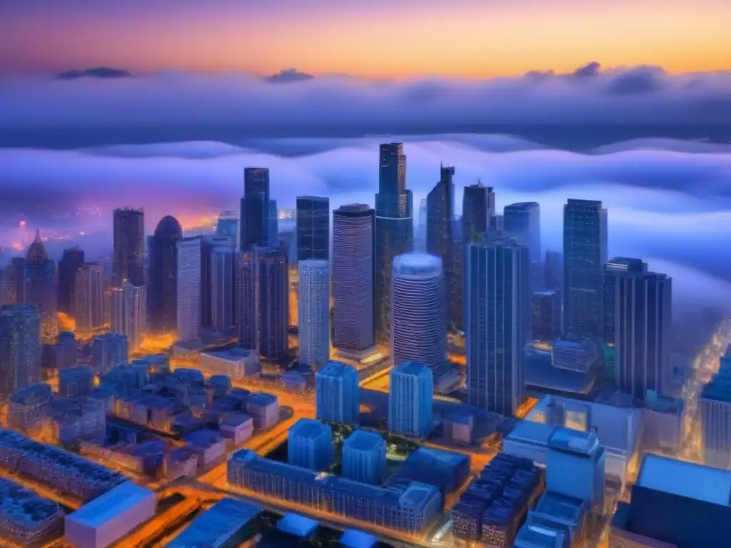 Horizonte urbano al anochecer: modernidad y prosperidad inmobiliaria Vibrante horizonte urbano al anochecer con modernos edificios iluminados, reflejando tendencias en financiamiento bienes raíces comerciales