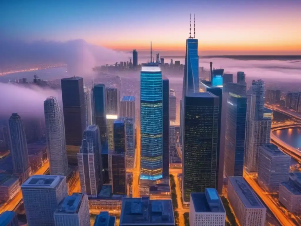 Skyline urbano iluminado: networking y éxito en inmobiliaria Un vibrante horizonte urbano al anochecer con profesionales y redes sociales financiamiento inmobiliario