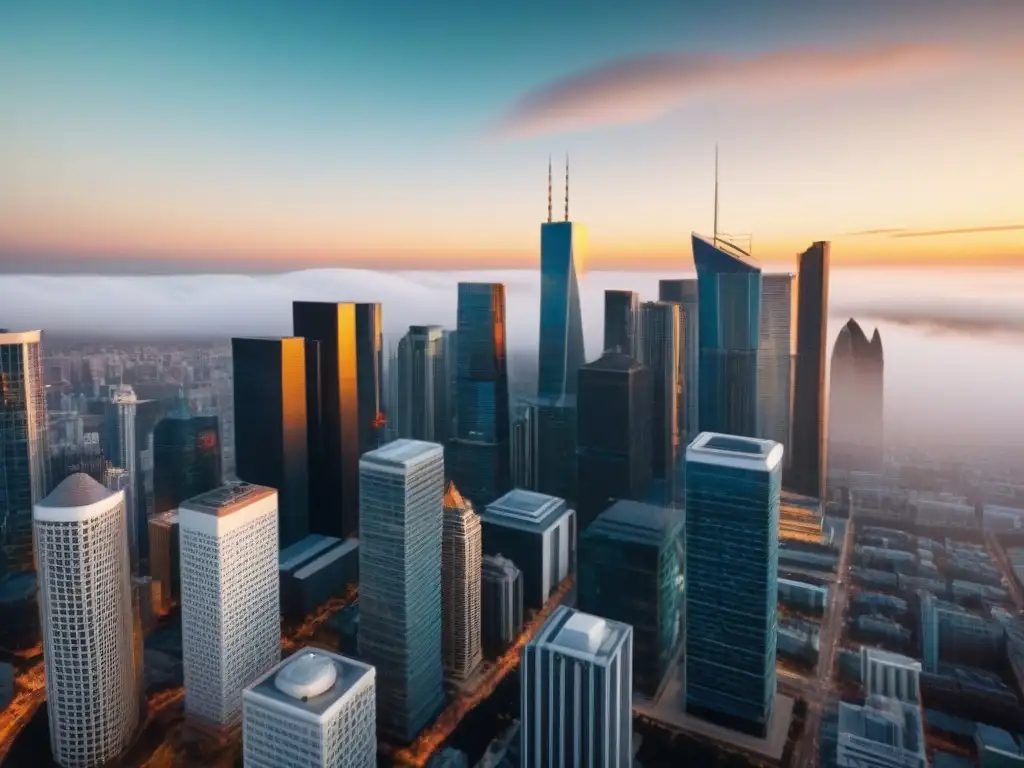 Skyline urbano: mercado inmobiliario en evolución Un vibrante horizonte urbano con rascacielos modernos y edificios históricos, reflejando las tendencias del mercado inmobiliario Flipping