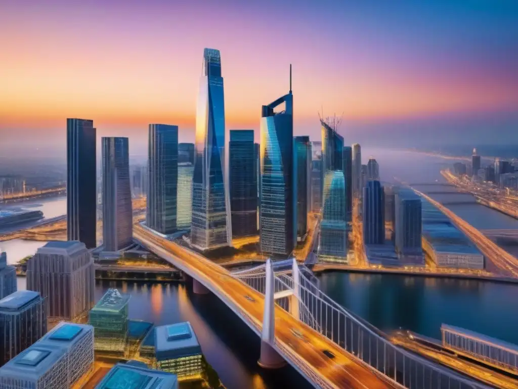 Espectacular ciudad moderna: rascacielos, luces y atardecer Un vibrante horizonte urbano con rascacielos modernos en el distrito financiero al atardecer, iluminado por luces brillantes