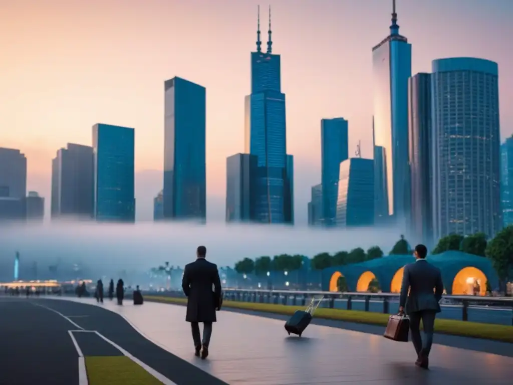 Espléndida ciudad nocturna: skyline de rascacielos iluminados Vibrante imagen urbana al atardecer, reflejando el impacto del PIB en el mercado inmobiliario