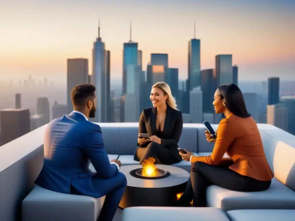 Jóvenes profesionales debaten financiamiento inmobiliario en terraza moderna 8k Un vibrante intercambio de ideas sobre educación financiera inmobiliaria en redes sociales, entre jóvenes profesionales diversos en una terraza moderna con vista a la ciudad