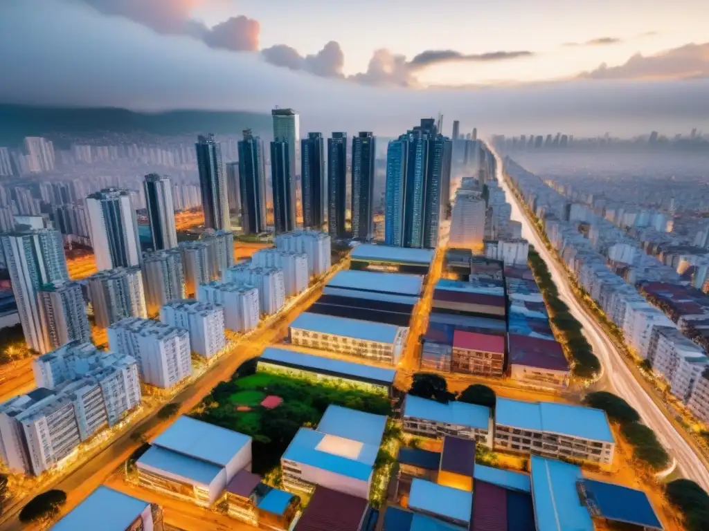 Metrópolis dinámica: real estate en ciudad latina Vibrante metrópolis latinoamericana con rascacielos, mercados callejeros y modernos desarrollos inmobiliarios