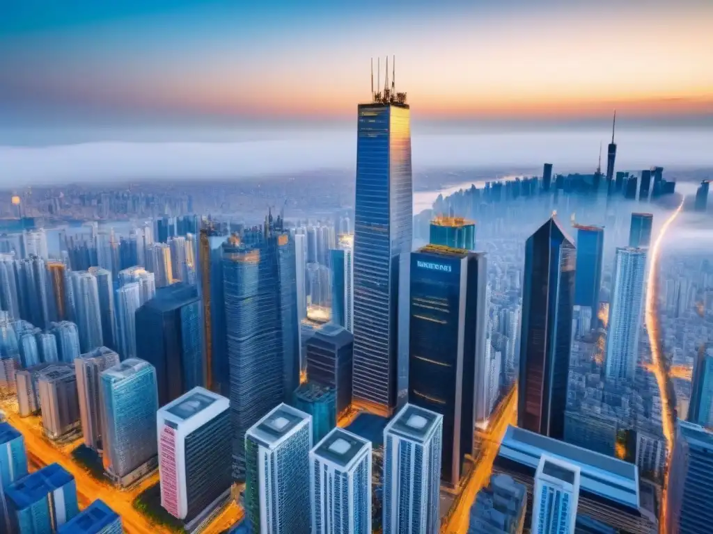 Vibrante mercado inmobiliario: impacto de la inflación en emergentes Un vibrante mercado inmobiliario emergente con rascacielos relucientes bajo un cielo azul claro, profesionales analizando datos