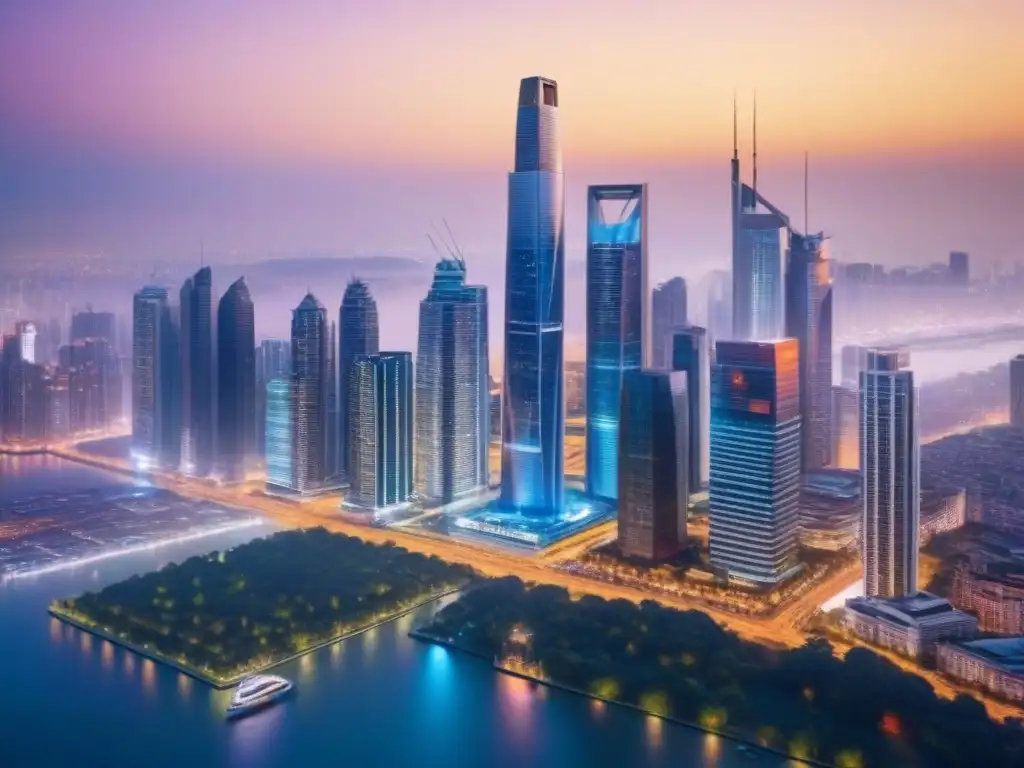 Mercado inmobiliario global: escena vibrante de rascacielos y profesionales Un vibrante mercado inmobiliario internacional con impacto de políticas gubernamentales