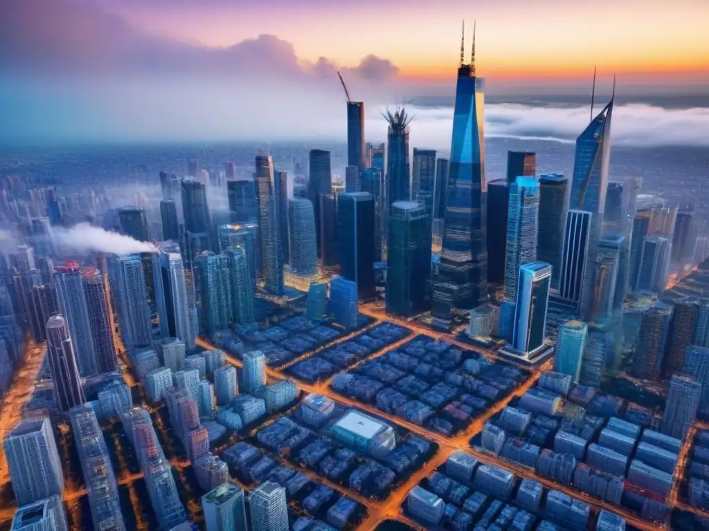Vibrante mercado inmobiliario en la ciudad Vibrante mercado inmobiliario con rascacielos destacando en la ciudad, simbolizando decisiones de compra en inmobiliaria