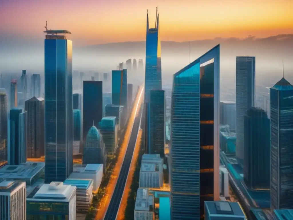Metrópolis emergente: panorama urbano en crecimiento Una vibrante metrópolis en ascenso con edificios modernos y bulliciosas calles, reflejo de la inflación en mercados inmobiliarios emergentes