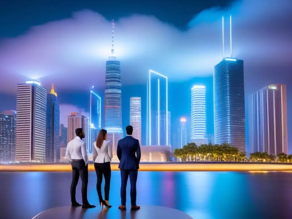 Metrópolis futurista: blockchain en el sector inmobiliario Vibrante metrópolis nocturna con rascacielos de cristal iluminados por luces de neón, profesionales discutiendo