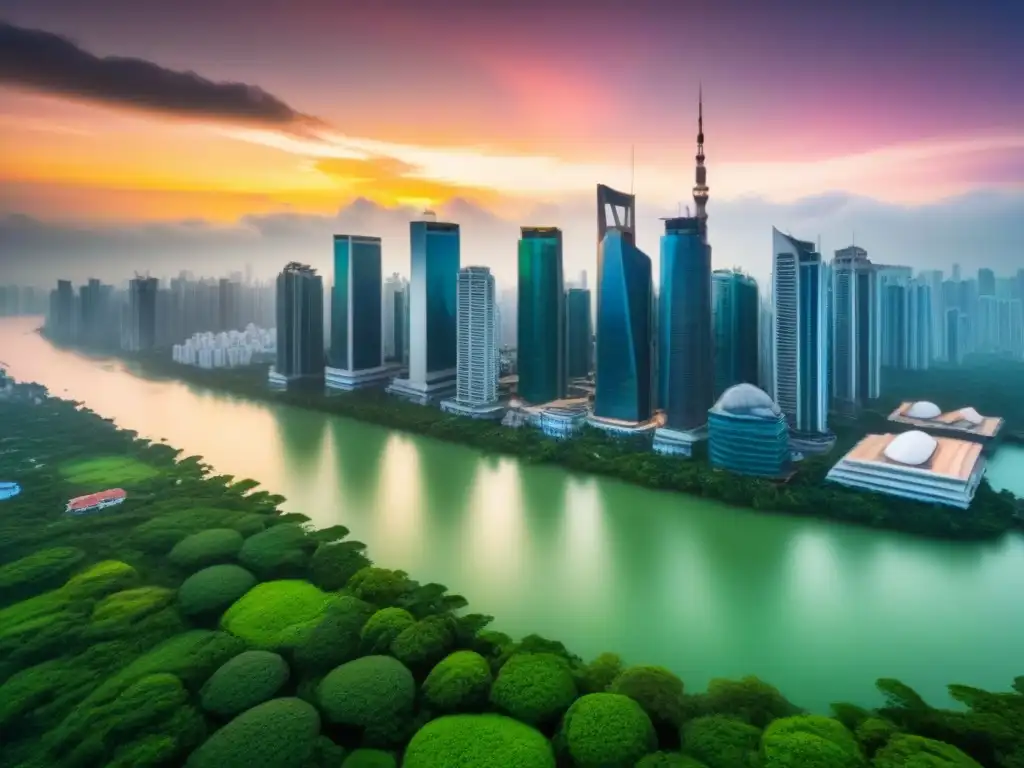 Horizonte urbano asiático: luces, tradición y naturaleza al atardecer Un vibrante paisaje urbano asiático con rascacielos y arquitectura tradicional, rodeado de vegetación y agua, bajo un atardecer dramático