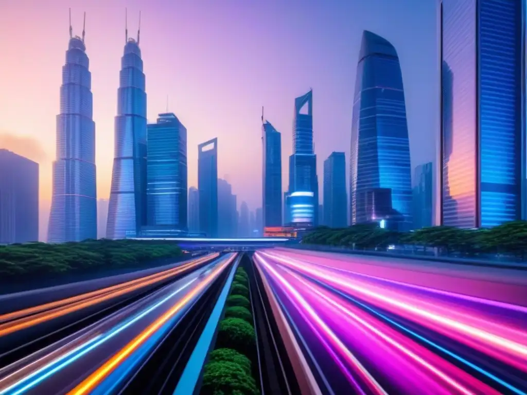 Metrópolis futurista asiática: skyline en 8k Un vibrante paisaje urbano asiático con rascacielos modernos y luces neón, reflejo del financiamiento inmobiliario en Asia