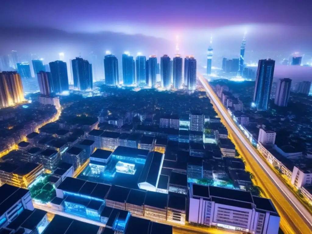 Espectacular skyline nocturno en Asia: luces y modernidad Vibrante paisaje urbano asiático de noche con rascacielos relucientes, reflejando luces coloridas y calles iluminadas