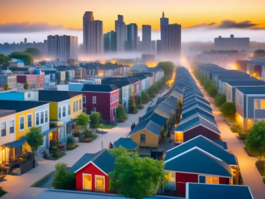 Conversación diversa sobre desarrollo urbano al atardecer Un vibrante paisaje urbano al atardecer, mostrando una diversa vecindad con edificios modernos, cafeterías acogedoras y espacios comunitarios