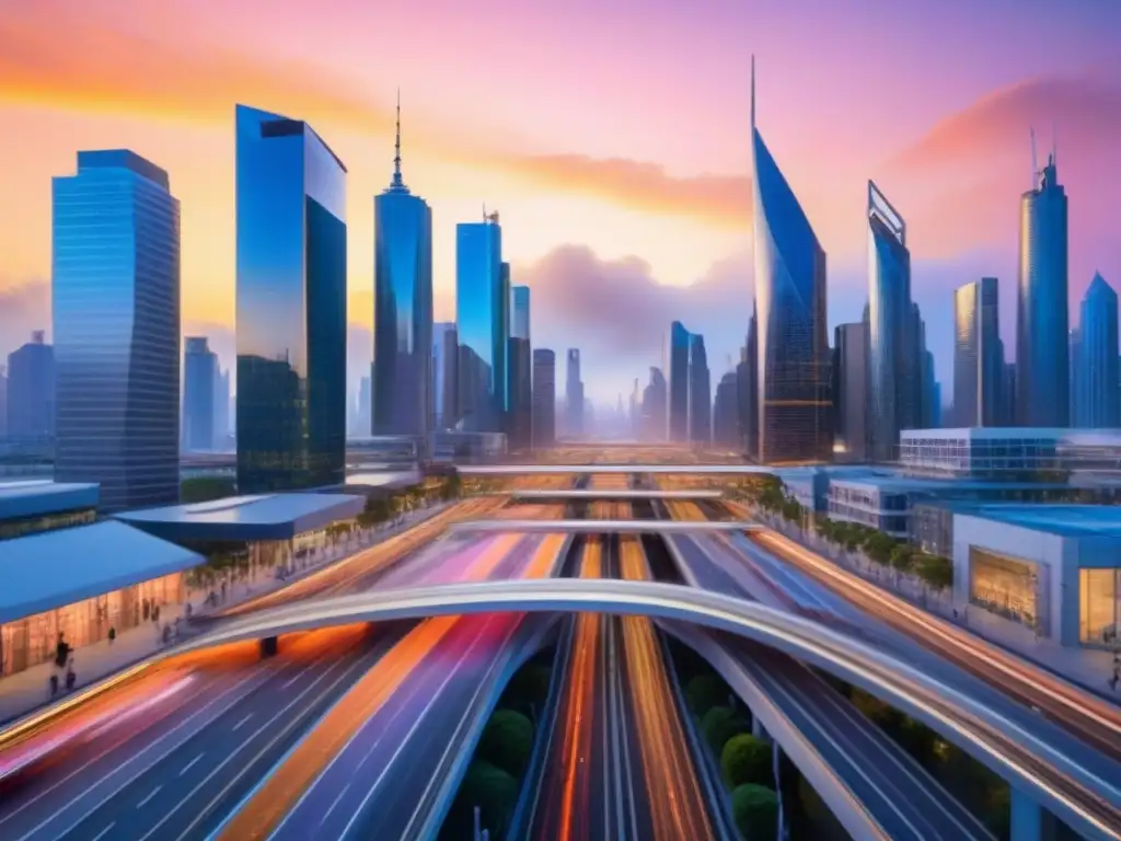 Metrópolis futurista: atardecer en distrito comercial de rascacielos Un vibrante paisaje urbano al atardecer con rascacielos modernos y un monorraíl futurista