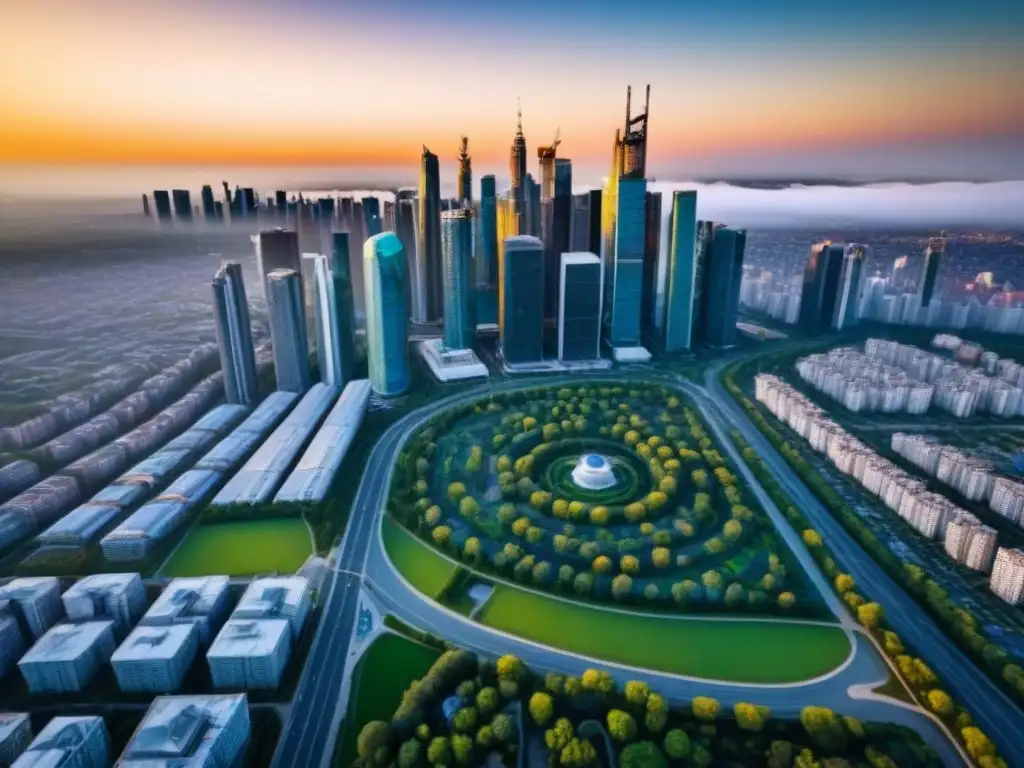 Un vibrante paisaje urbano al atardecer con rascacielos, parques verdes y calles serpenteantes