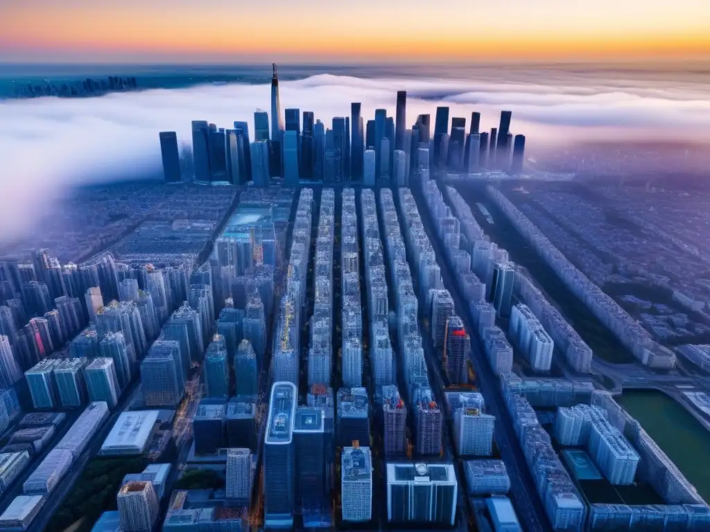 Horizonte urbano al atardecer: crecimiento inmobiliario vibrante Un vibrante paisaje urbano al atardecer muestra el crecimiento inmobiliario