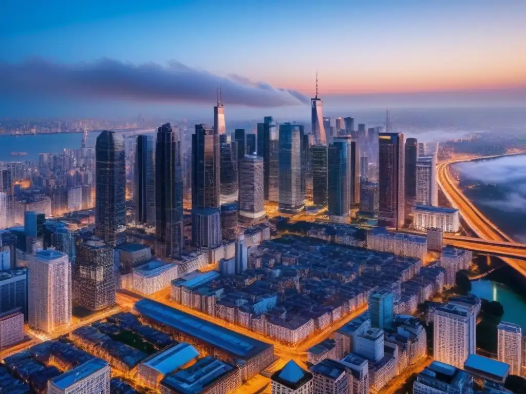 Metrópolis nocturna: luces y rascacielos en acción Vibrante paisaje urbano al atardecer, reflejo de la influencia de la ubicación en la inversión inmobiliaria