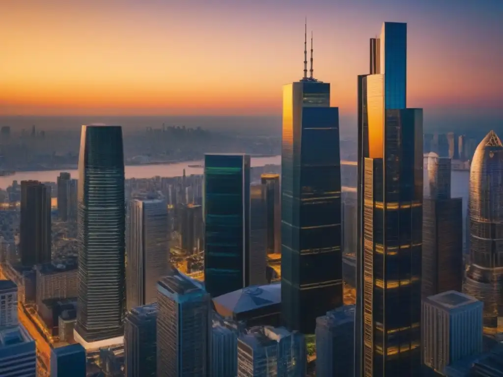 Horizonte urbano al atardecer: éxito y productividad en la metrópolis Un vibrante paisaje urbano al atardecer, reflejando un próspero centro de inversión global