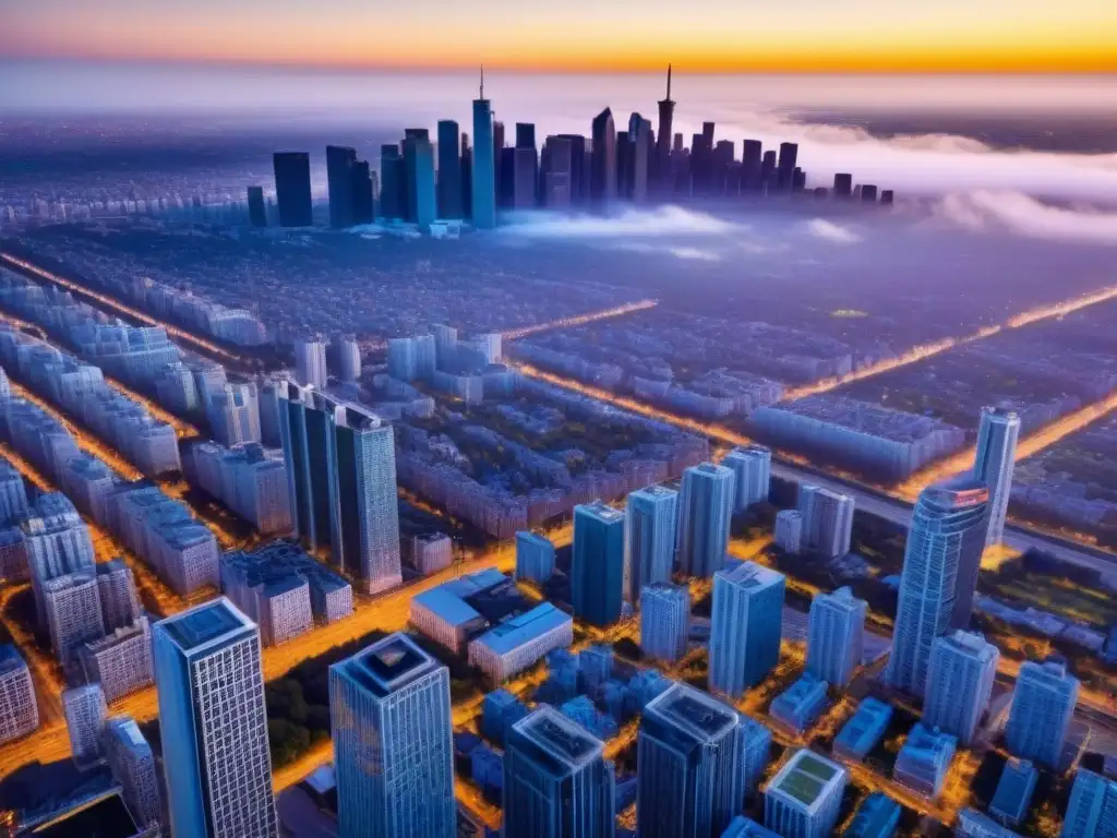 Metrópolis vibrante al atardecer: un paisaje urbano moderno y detallado Vibrante paisaje urbano al atardecer, destacando la diversidad arquitectónica en Sociedades para propiedad inmuebles