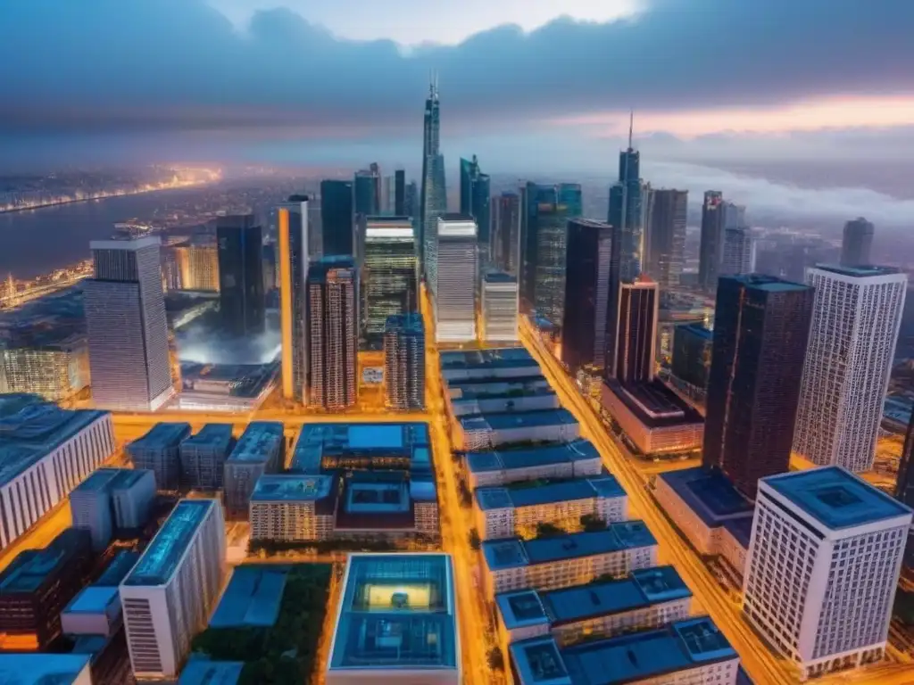 Metrópolis nocturna: luces y dinamismo en el mercado inmobiliario urbano Un vibrante paisaje urbano al atardecer con edificios iluminados y calles llenas de movimiento
