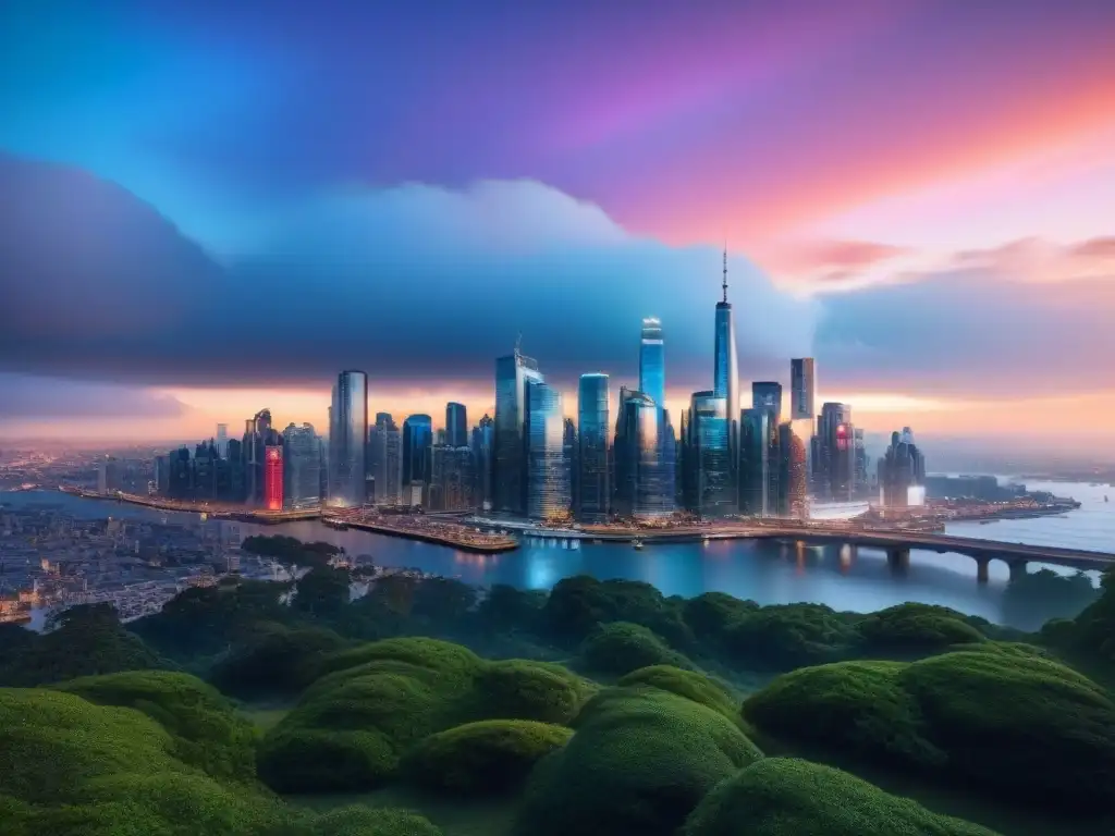 Un vibrante paisaje urbano al atardecer, simbolizando oportunidades de Invertir en REITs comerciales globalmente