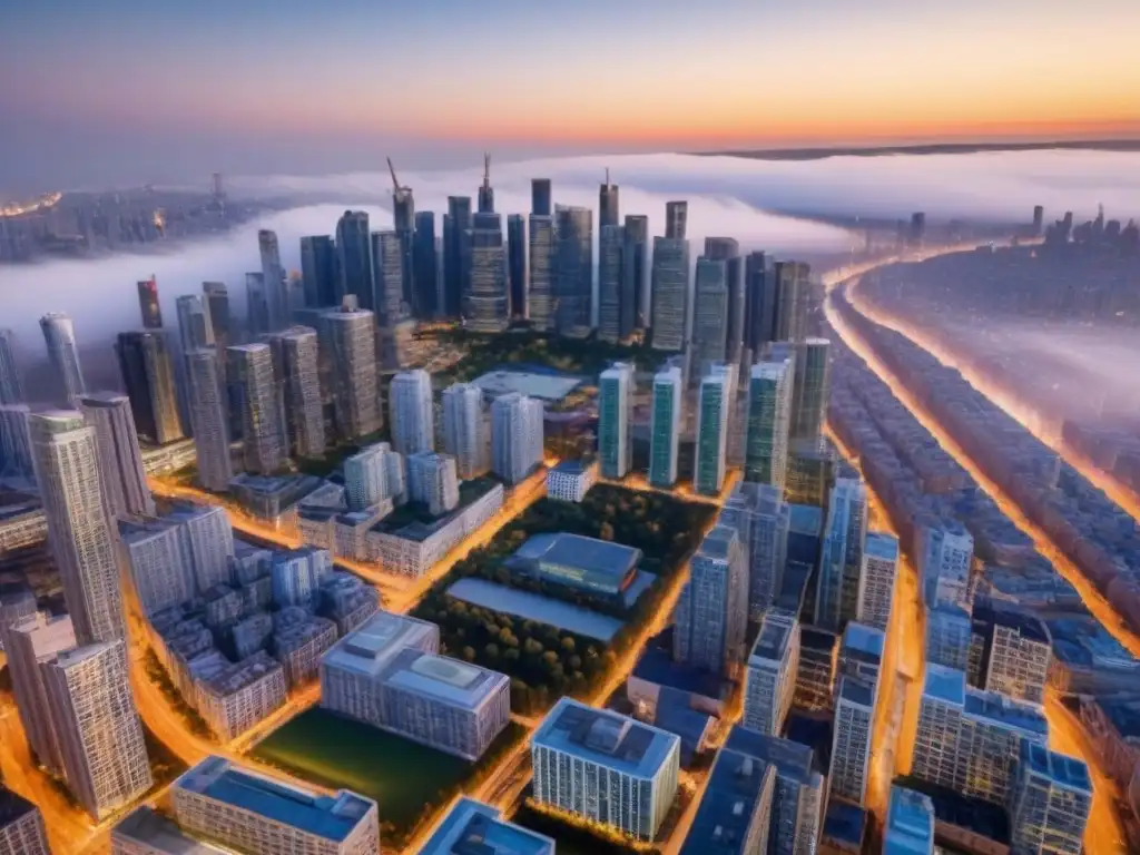 Cityscape urbano al atardecer: crecimiento y modernidad en armonía Un vibrante paisaje urbano al atardecer, reflejando la armonía entre rascacielos, edificios residenciales y espacios verdes