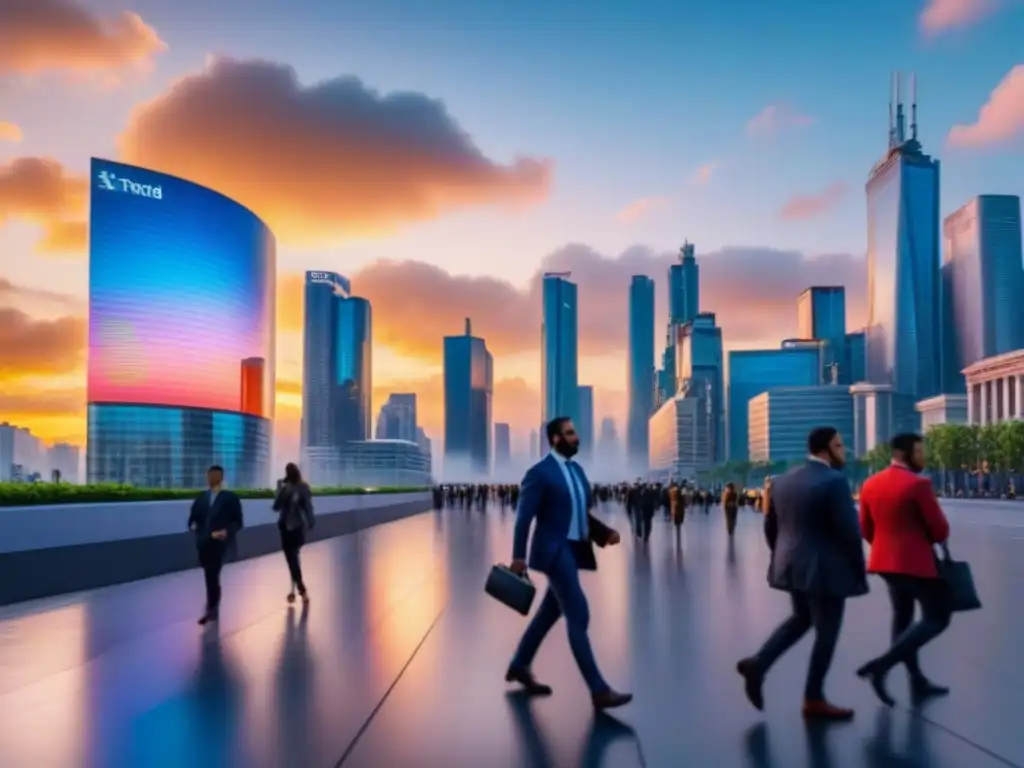 Skyline urbano detallado en la puesta de sol Un vibrante paisaje urbano con REITs comerciales en un entorno económico dinámico al atardecer