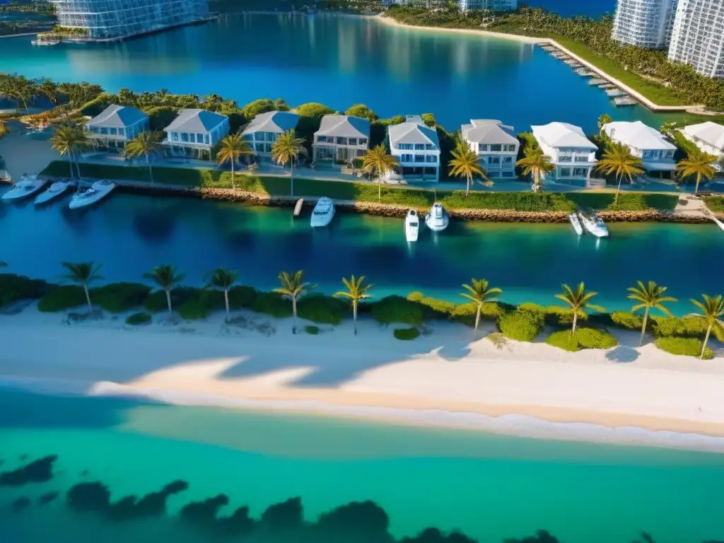 Horizonte costero: lujo y sofisticación en una ciudad vibrante Un vibrante paisaje urbano costero con modernos edificios, propiedades lujosas, marinas llenas de yates y una playa prístina con palmeras