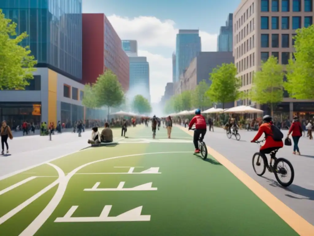 Escena urbana inclusiva y sostenible con diversidad y dinamismo Un vibrante paisaje urbano con desarrollo urbano equitativo y políticas públicas, donde personas diversas interactúan en una plaza pública