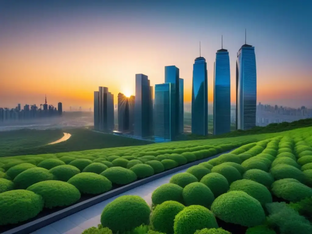 Un vibrante paisaje urbano futurista con rascacielos relucientes, puentes y vegetación, iluminado por un atardecer dorado