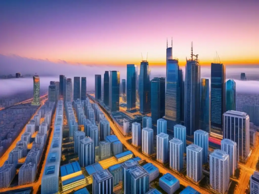 Metrópolis Futurista: Inversión Inmobiliaria en el Siglo XXI Un vibrante paisaje urbano futurista con modernos rascacielos y un ambiente tecnológicamente avanzado