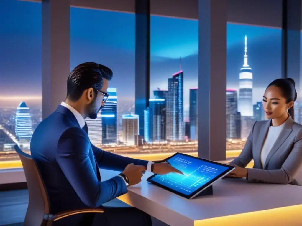 Metrópolis futurista: profesionales debaten en vibrante ciudad nocturna Un vibrante paisaje urbano futurista con profesionales discutiendo, ideal para artículos sobre fiscalidad para inversionistas inmobiliarios
