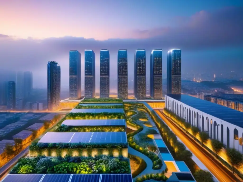 Futurista metrópolis sostenible: ciudades del mañana Vibrante paisaje urbano futurista al atardecer con construcciones sostenibles, mostrando el futuro inmobiliario