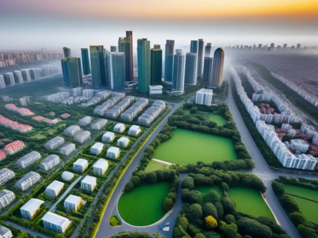 Vibrante ciudad moderna: arquitectura, naturaleza y política de vivienda Un vibrante paisaje urbano con impacto de políticas de vivienda en la demanda inmobiliaria