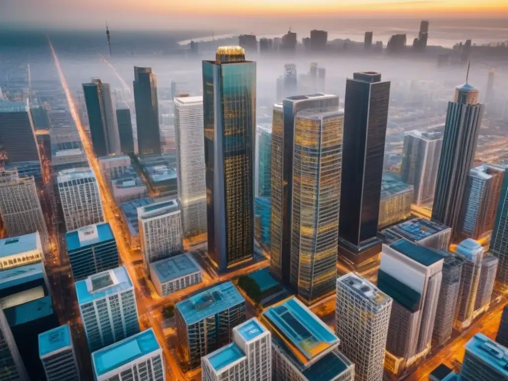 Panorama urbano: metrópolis vibrante y moderna Un vibrante paisaje urbano con imponentes edificios comerciales, reflejando éxito y oportunidad para guiar inversores en REITs comerciales