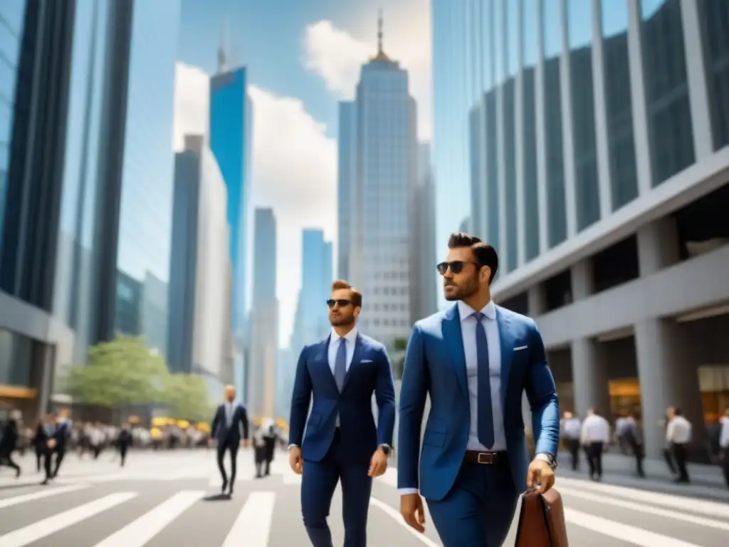 Centro financiero vibrante: impacto de REITs en la economía Un vibrante paisaje urbano con imponentes edificios comerciales brillando al sol, profesionales ocupados en trajes ejecutivos, simbolizando la dinámica de los REITs comerciales entorno económico