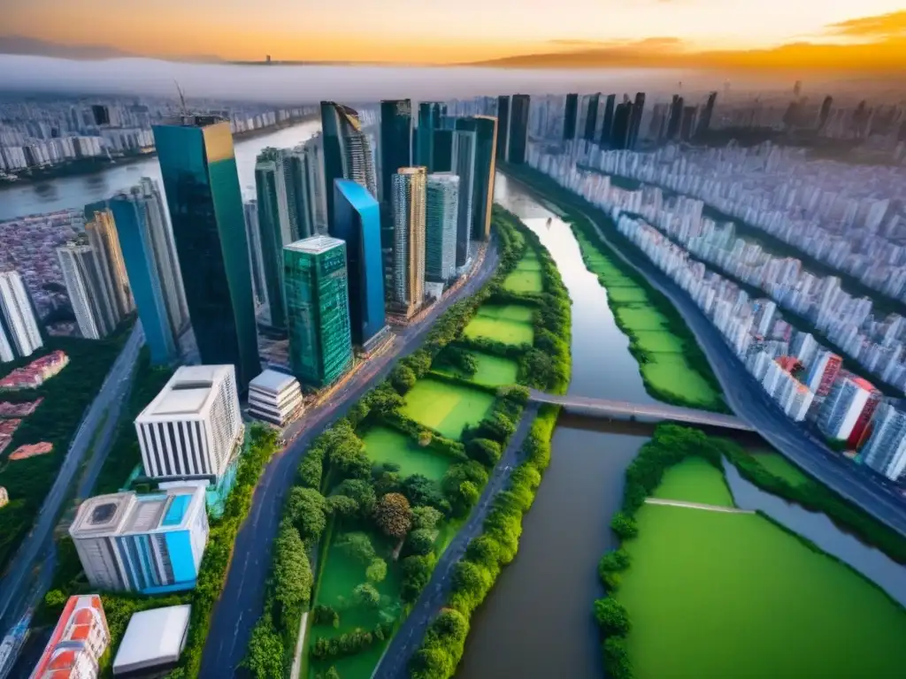 Espléndida vista aérea de una ciudad vibrante en Latinoamérica El vibrante paisaje urbano de América Latina con rascacielos modernos, parques verdes y un río, iluminado por el cálido atardecer