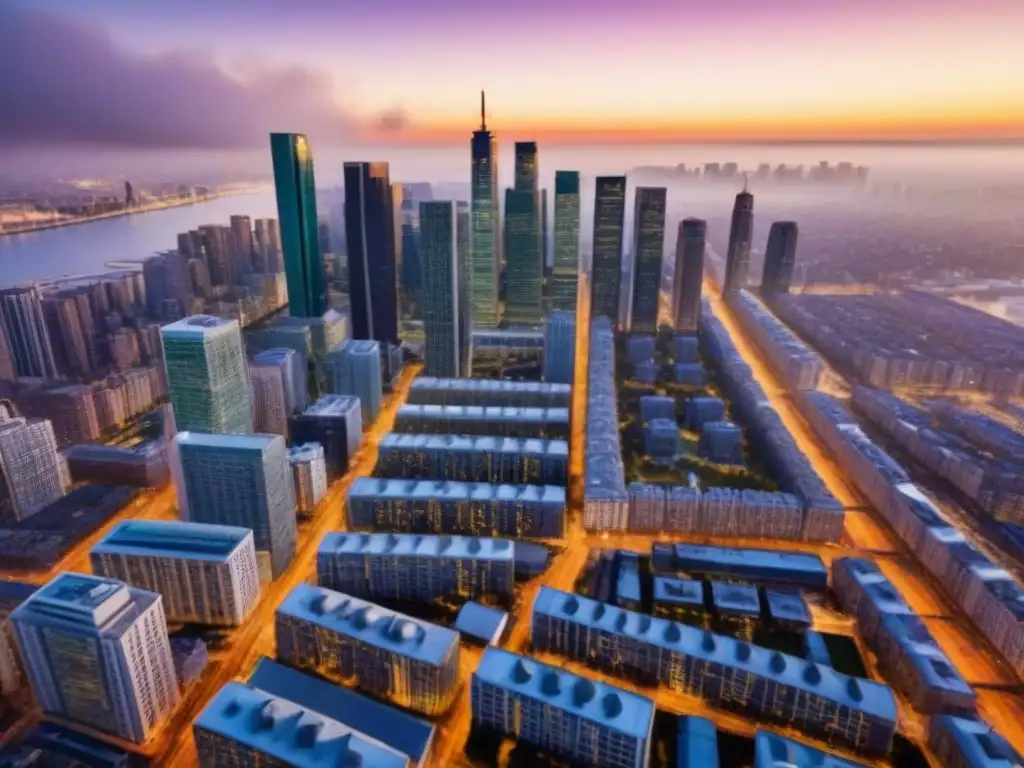 Horizonte urbano: arquitectura moderna en la luz del atardecer Un vibrante paisaje urbano con modernos rascacielos y una mezcla de estructuras residenciales y comerciales, bañado por la cálida luz del atardecer