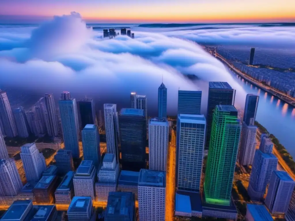 Espectacular ciudad nocturna: inversión inmobiliaria próspera Un vibrante paisaje urbano nocturno en una jurisdicción fiscal para inversiones inmobiliarias, con rascacielos iluminados reflejándose en el río