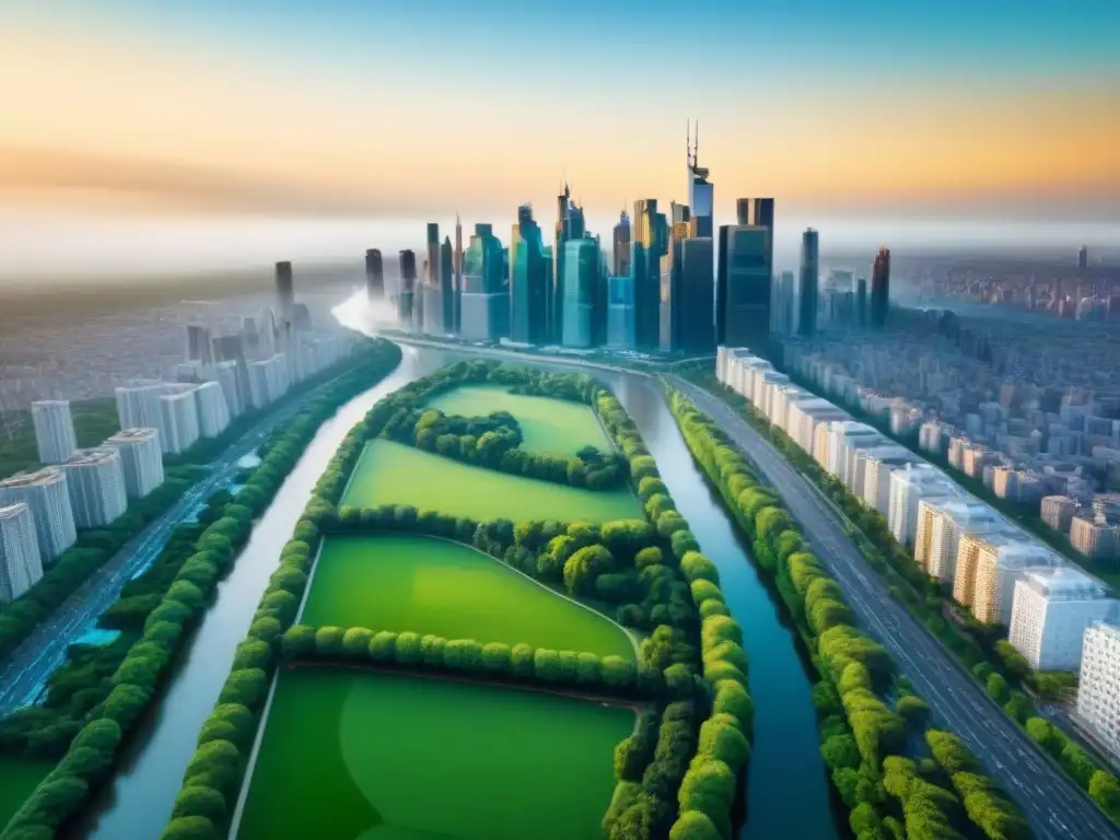 Metrópolis vibrante: seguros e inmuebles en armonía Un vibrante paisaje urbano con rascacielos modernos, parques verdes y un río, muestra el impacto de los seguros en bienes raíces en una metrópolis