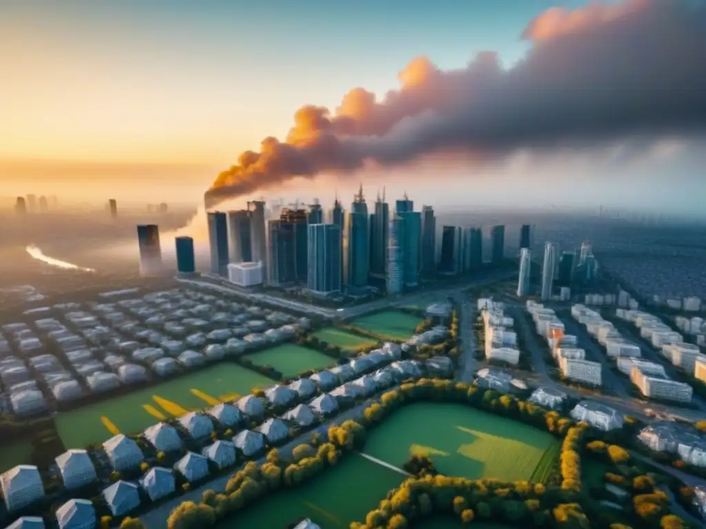 Desarrollo urbano: regulaciones inmobiliarias y crecimiento en la ciudad Un vibrante paisaje urbano con rascacielos, espacios verdes y barrios diversos, ilustrando el impacto de las regulaciones inmobiliarias por región