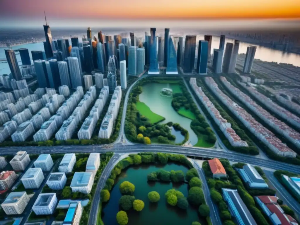 Vibrante mercado inmobiliario: ciudad moderna al atardecer Un vibrante paisaje urbano con rascacielos modernos y edificios residenciales, simbolizando oportunidades en plataformas listado propiedades afiliados